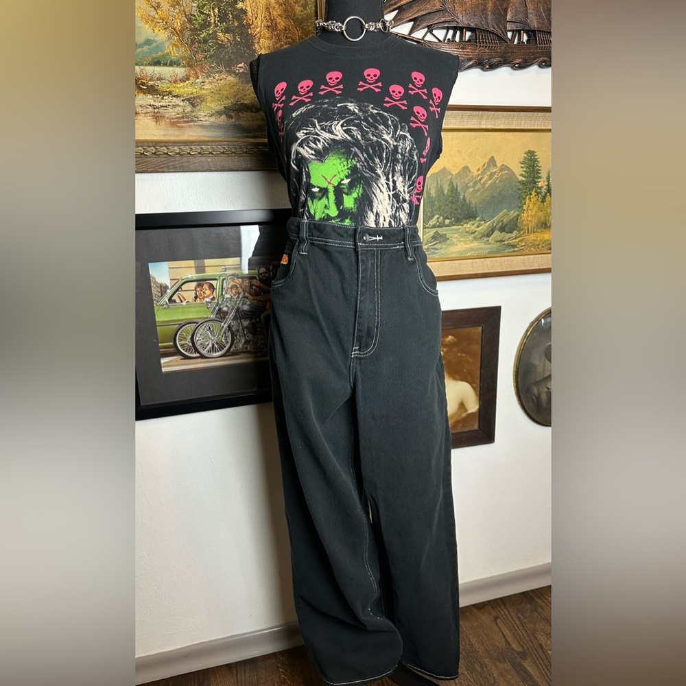 Y2K Baggy White Stitched EMPYRE Black Jeans Waist :8 - Picture 7 of 10